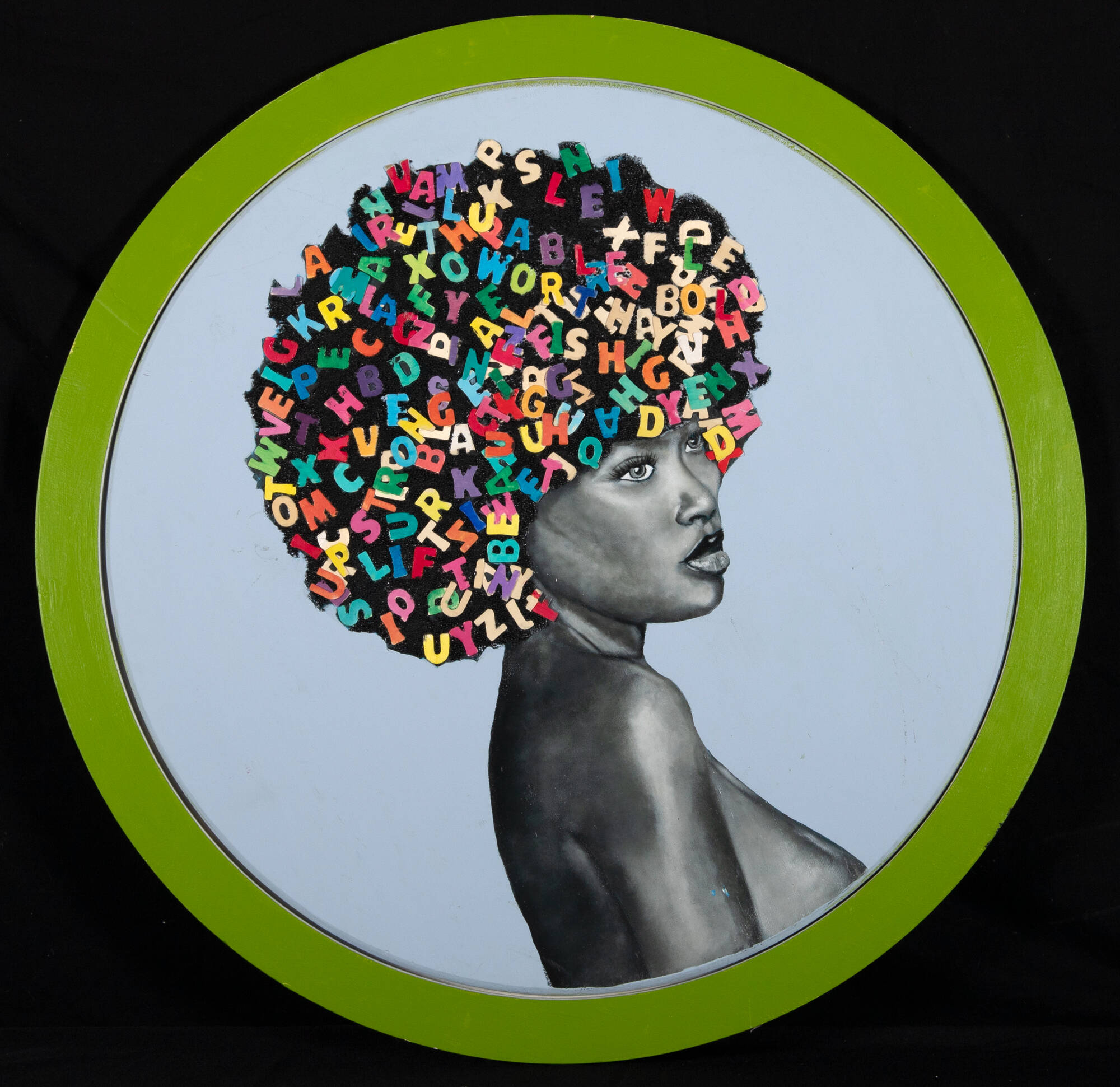 Circular painting with a bright green border and blue background. Image is of a woman with colorful letters in her hair.
